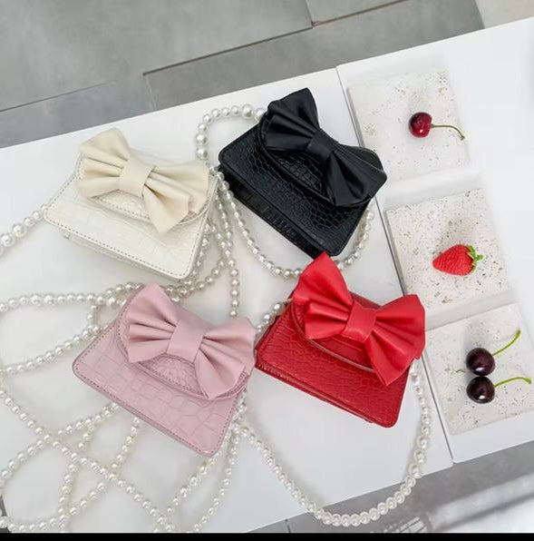 Bowknot PU Leather Handbag with Pearl Strap