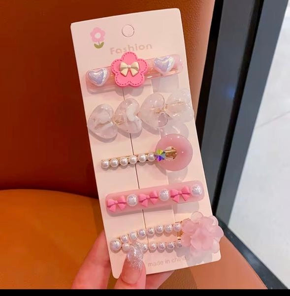 Princess Girls’ Hair Clip Set – 5 Styles (Pink & White)