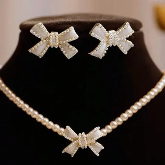 Pearl Bow Jewelry Set – Necklace & Earrings