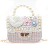 Pearl Handle Tweed Handbag with Floral Embellishments
