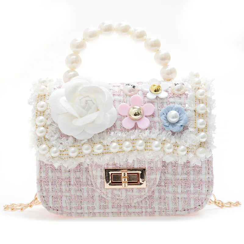 Pearl Handle Tweed Handbag with Floral Embellishments