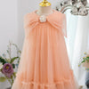 Elegant Peach Girls’ Dress – Flowing Tulle with Removable Pearl Brooch