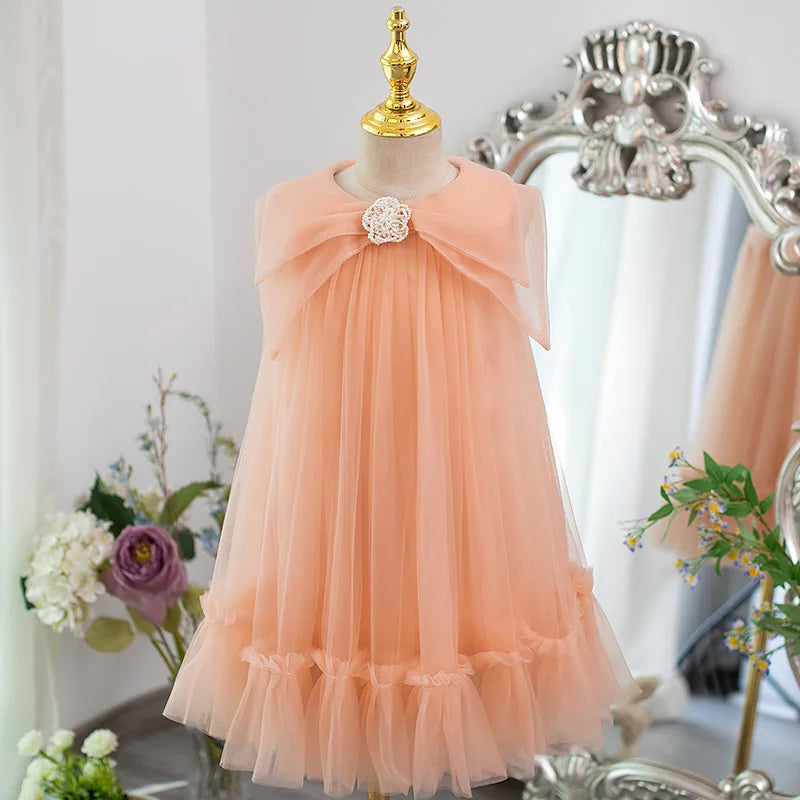Elegant Peach Girls’ Dress – Flowing Tulle with Removable Pearl Brooch