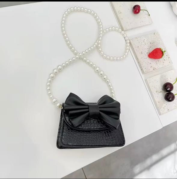 Bowknot PU Leather Handbag with Pearl Strap